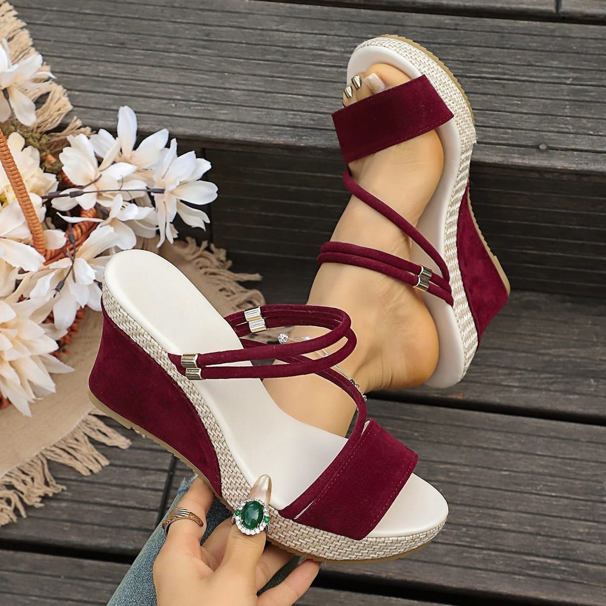 Burgundy Comfort Wedge Sandals - Image 3